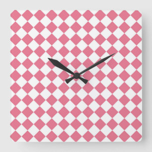 Pink White Diamond Chequered Pattern Square Wall Clock