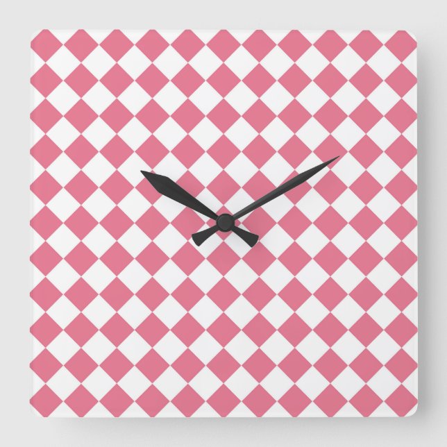 Pink White Diamond Chequered Pattern Square Wall Clock (Front)