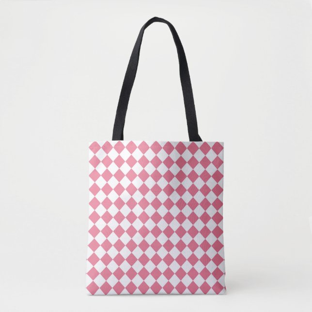 Pink White Diamond Chequered Pattern Tote Bag (Front)