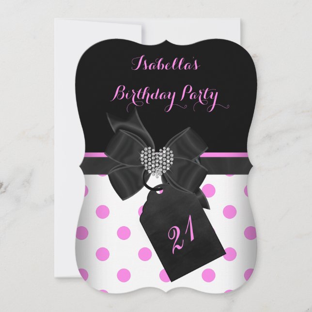 Pink White Diamond Heart Black Polka Dots Birthday Invitation (Front)