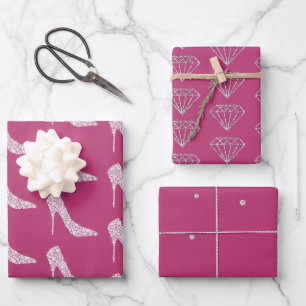 Pink White Diamond High Heel Shoes Wedding Wrapping Paper Sheet