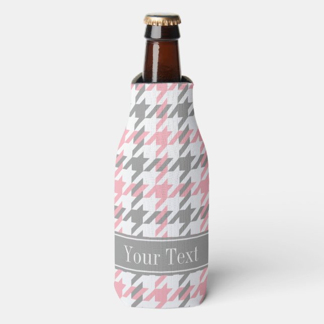 Pink White Dk Grey Houndstooth Name Monogram Bottle Cooler (Bottle Front)