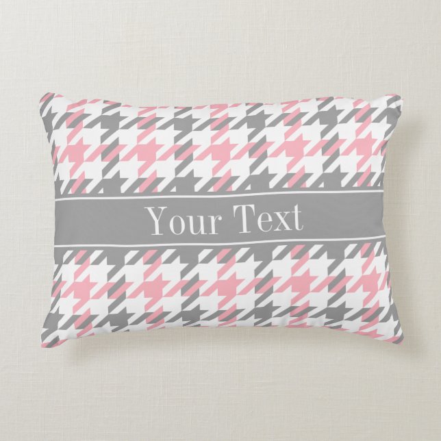 Pink White Dk Grey Houndstooth Name Monogram Decorative Cushion (Front)