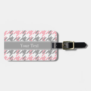 Pink White Dk Grey Houndstooth Name Monogram Luggage Tag