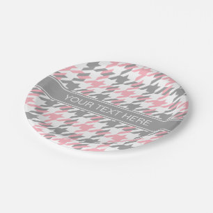 Pink White Dk Grey Houndstooth Name Monogram Paper Plate