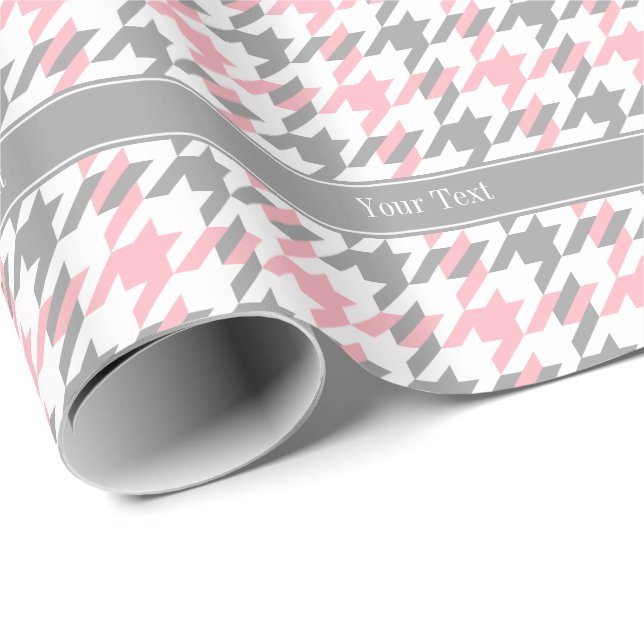 Pink White Dk Grey Houndstooth Name Monogram Wrapping Paper (Roll Corner)