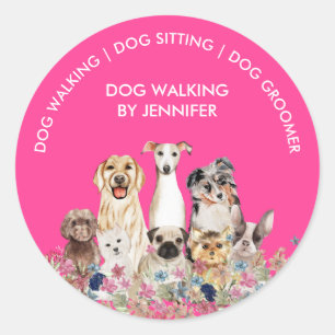Pink White Dog Walking Groomer Pet Classic Round Sticker