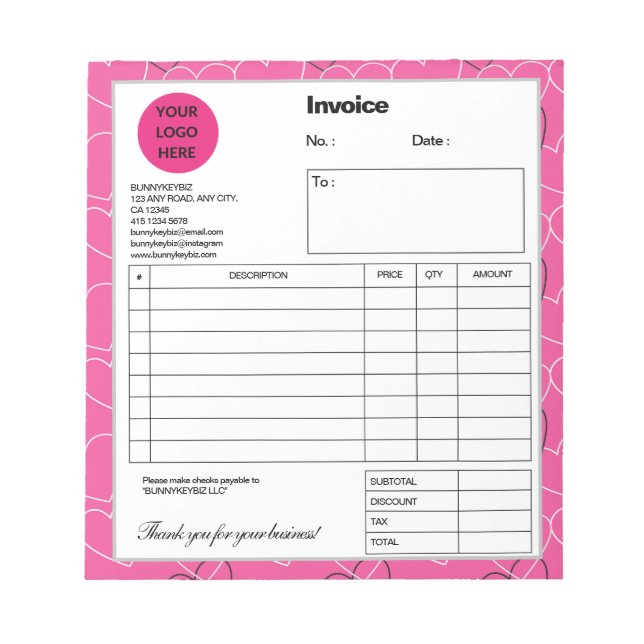 Pink White Doodle Company Business Shop Invoice Notepad (Front)