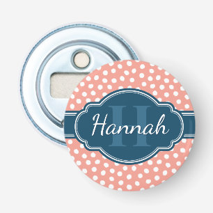 Pink White Dotted Pattern Navy Monogram Bottle Opener