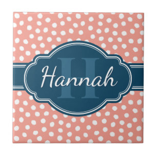 Pink White Dotted Pattern Navy Monogram Ceramic Tile