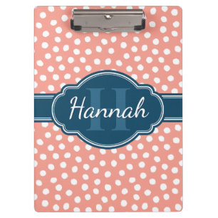 Pink White Dotted Pattern Navy Monogram Clipboard