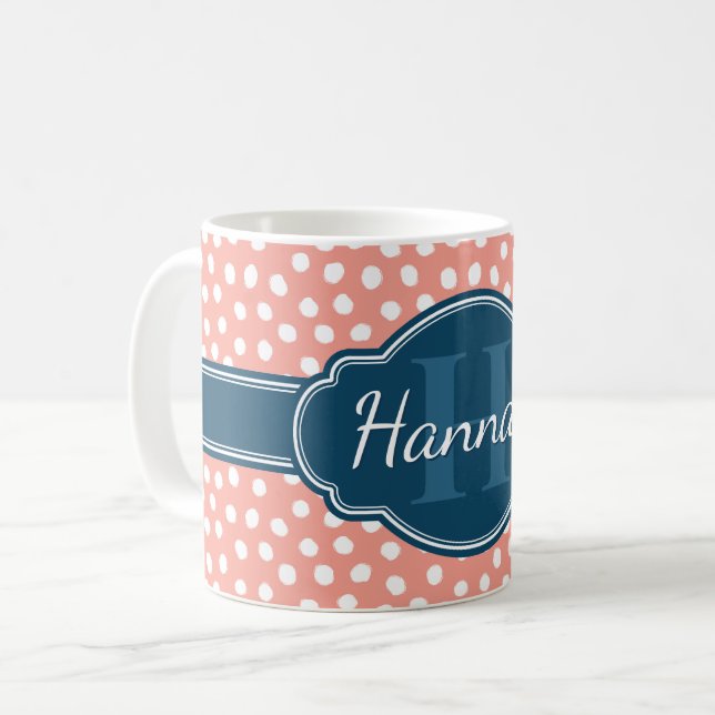 Pink White Dotted Pattern Navy Monogram Coffee Mug (Front Left)