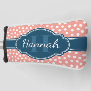 Pink White Dotted Pattern Navy Monogram Golf Head Cover