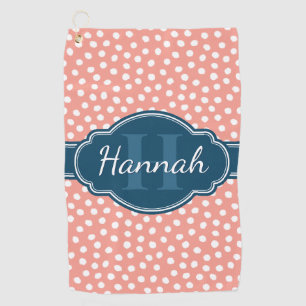 Pink White Dotted Pattern Navy Monogram Golf Towel
