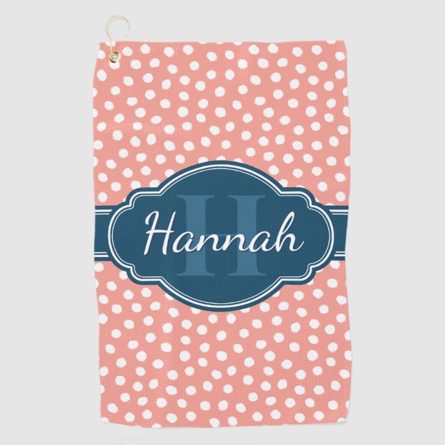 Pink White Dotted Pattern Navy Monogram Golf Towel (Front)