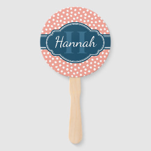 Pink White Dotted Pattern Navy Monogram Hand Fan