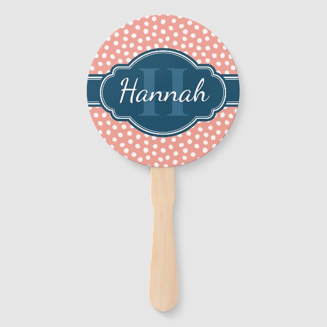Pink White Dotted Pattern Navy Monogram Hand Fan (Front)