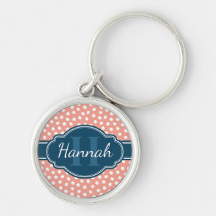 Pink White Dotted Pattern Navy Monogram Key Ring