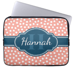 Pink White Dotted Pattern Navy Monogram Laptop Sleeve