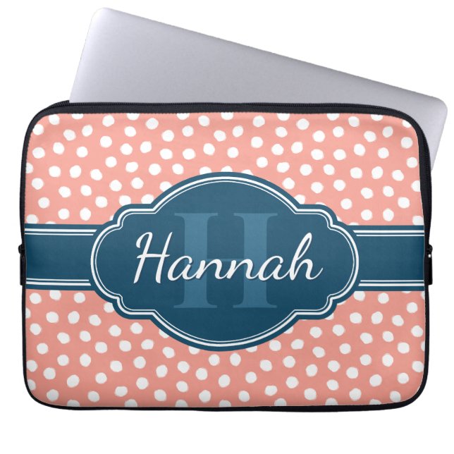Pink White Dotted Pattern Navy Monogram Laptop Sleeve (Front)