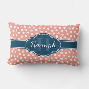 Pink White Dotted Pattern Navy Monogram Lumbar Cushion