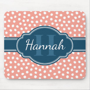 Pink White Dotted Pattern Navy Monogram Mouse Pad