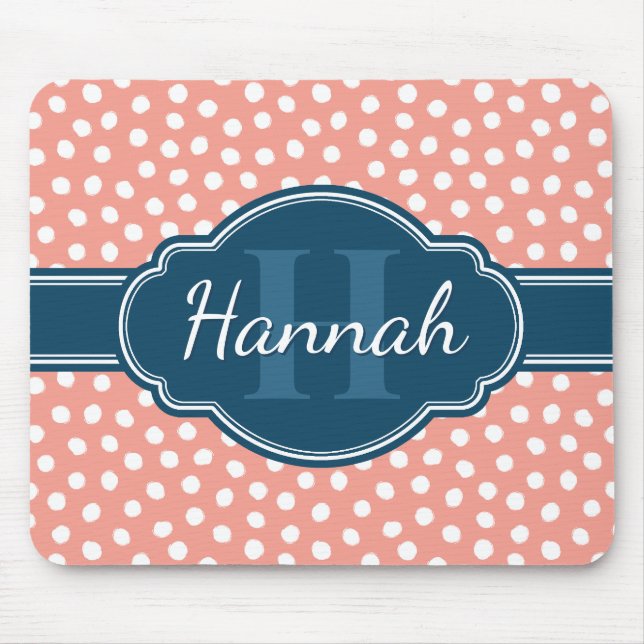 Pink White Dotted Pattern Navy Monogram Mouse Pad (Front)