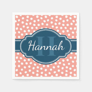 Pink White Dotted Pattern Navy Monogram Napkin