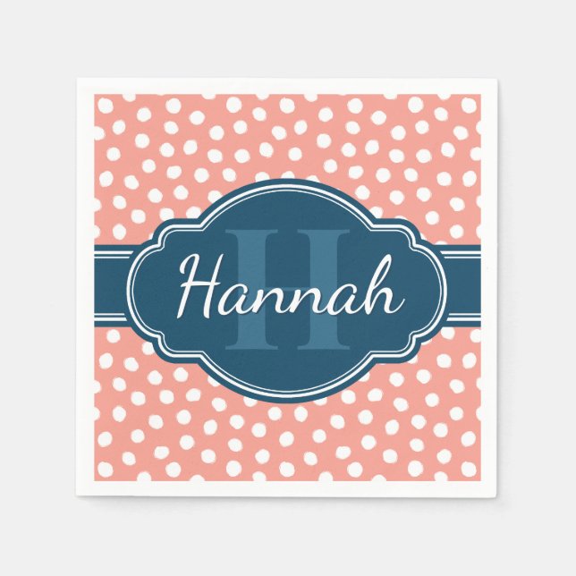Pink White Dotted Pattern Navy Monogram Napkin (Front)