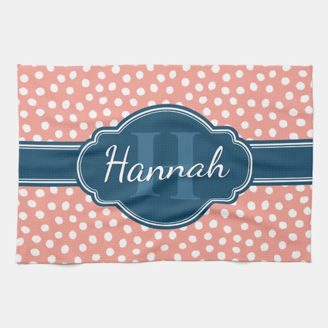 Pink White Dotted Pattern Navy Monogram Tea Towel (Horizontal)