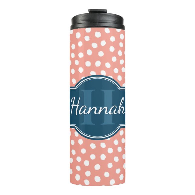 Pink White Dotted Pattern Navy Monogram Thermal Tumbler (Front)