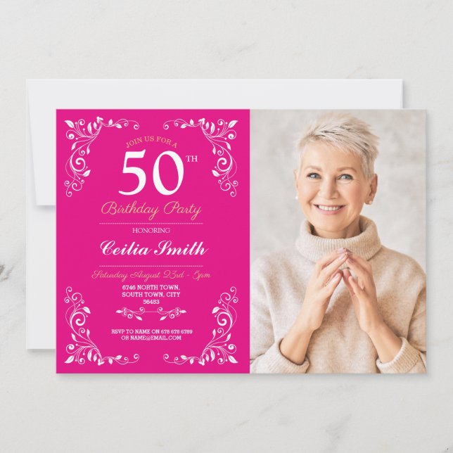 Pink White Elegant Birthday Womens Classy Photo Invitation (Front)