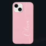Pink White Elegant Calligraphy Script Name Case-Mate iPhone 14 Case<br><div class="desc">Pink White Elegant Calligraphy Script Custom Personalised Name iPhone 14 Smart Phone Cases features a modern and trendy simple and stylish design with your personalised name in elegant hand written calligraphy script typography on a soft pink background. Designed by ©Evco Studio www.zazzle.com/store/evcostudio</div>