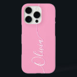 Pink White Elegant Calligraphy Script Name iPhone 16 Pro Case<br><div class="desc">Pink Elegant White Calligraphy Script Custom Personalised Name iPhone 16 Pro Smart Phone Cases features a modern and trendy simple and stylish design with your personalised name in elegant hand written calligraphy script typography on a pink background. Designed by ©Evco Studio www.zazzle.com/store/evcostudio</div>