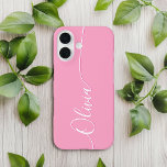Pink White Elegant Calligraphy Script Name iPhone 16 Case<br><div class="desc">Pink Elegant White Calligraphy Script Custom Personalised Name iPhone 16  Smart Phone Cases features a modern and trendy simple and stylish design with your personalised name in elegant hand written calligraphy script typography on a pink background. Designed by ©Evco Studio www.zazzle.com/store/evcostudio</div>