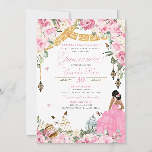 Pink White Elegant Floral Butterfly Quinceanera 2 Invitation (Front)