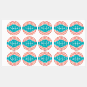 Pink White Elegant Lattice Pattern Teal Monogram