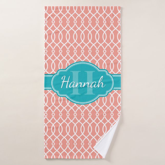 Pink White Elegant Lattice Pattern Teal Monogram Bath Towel (Bath Towel)