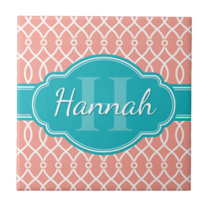 Pink White Elegant Lattice Pattern Teal Monogram Ceramic Tile