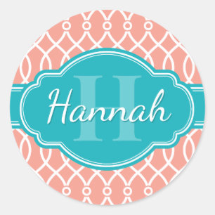 Pink White Elegant Lattice Pattern Teal Monogram Classic Round Sticker