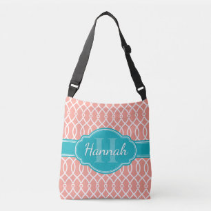 Pink White Elegant Lattice Pattern Teal Monogram Crossbody Bag