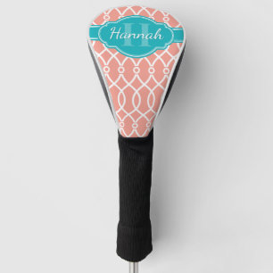 Pink White Elegant Lattice Pattern Teal Monogram Golf Head Cover