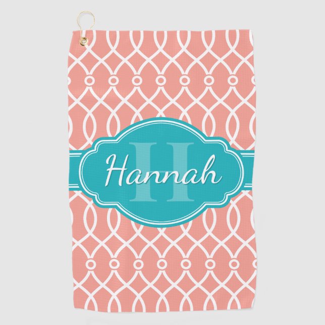 Pink White Elegant Lattice Pattern Teal Monogram Golf Towel (Front)