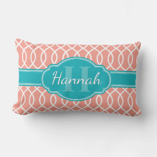 Pink White Elegant Lattice Pattern Teal Monogram Lumbar Cushion