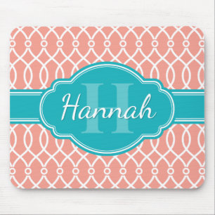 Pink White Elegant Lattice Pattern Teal Monogram Mouse Pad
