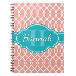 Pink White Elegant Lattice Pattern Teal Monogram Notebook