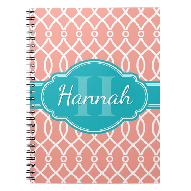 Pink White Elegant Lattice Pattern Teal Monogram Notebook (Front)