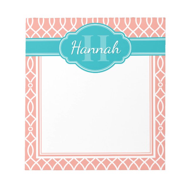 Pink White Elegant Lattice Pattern Teal Monogram Notepad (Front)