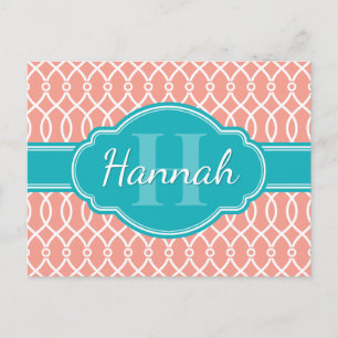 Pink White Elegant Lattice Pattern Teal Monogram Postcard