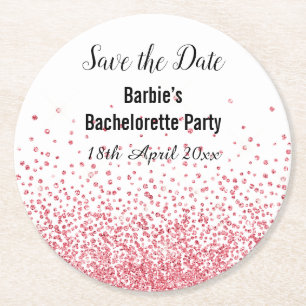 PINK WHITE ELEGANT SAVE THE DATE Bachelorette Round Paper Coaster